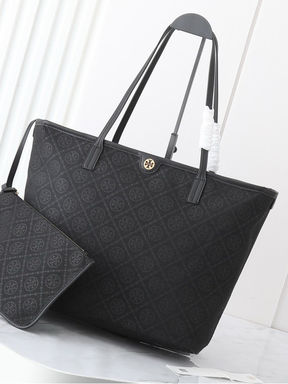 Tory Burch Black Logo-Pattern Tote with Zip Pouch